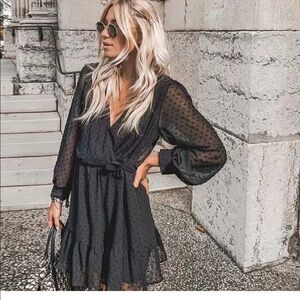 Black SwissDot Side Tie Ruffle Mini Jumpsuit Dress